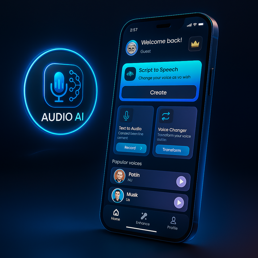 Audio AI App Interface showing voice transformation and audio enhancement features